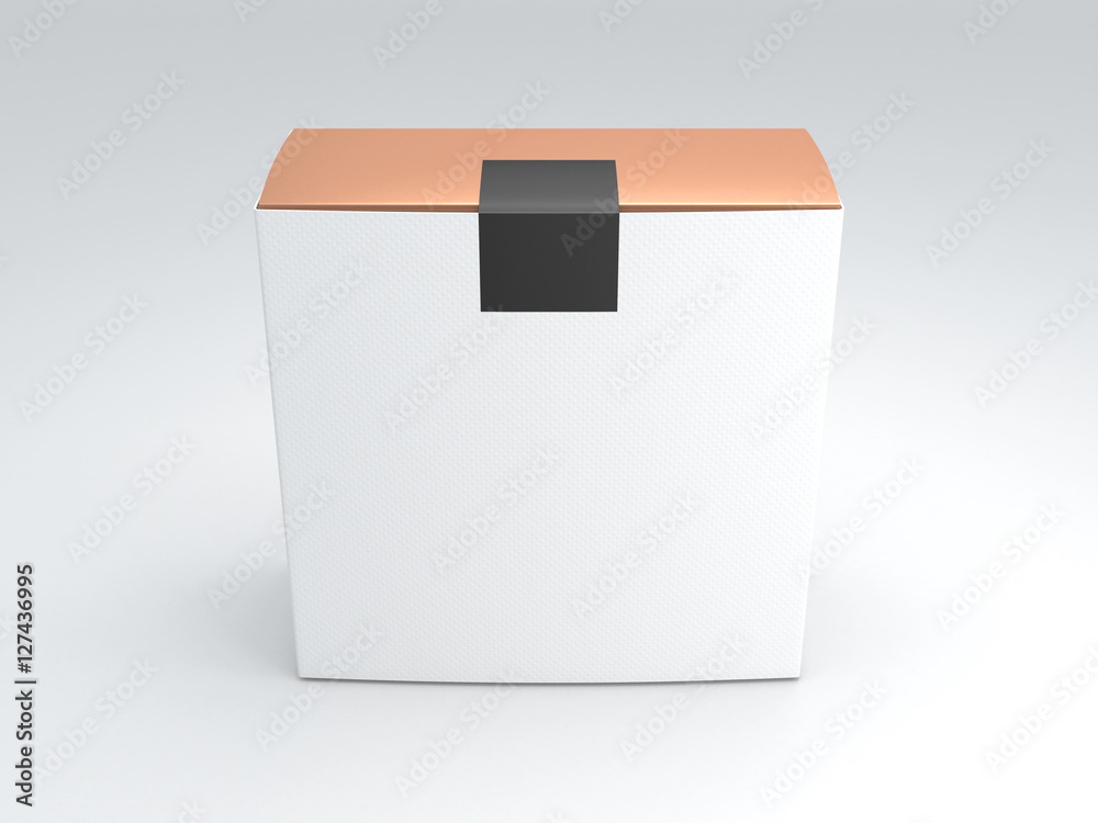 Golden Box packaging with black sticker and white Cover. 3d rendering Golden Box packaging with black sticker and white Cover. 3d rendering