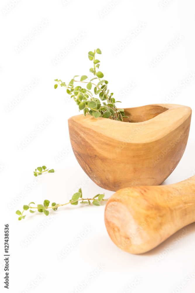 Fresh oregano in  wooden mortar with pestle on withe background.