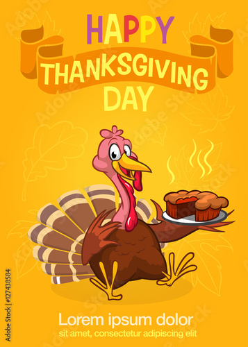 Thanksgiving turkey in pilgrim hat serving hot pumpkin pie. Vector cartoon invitation for party