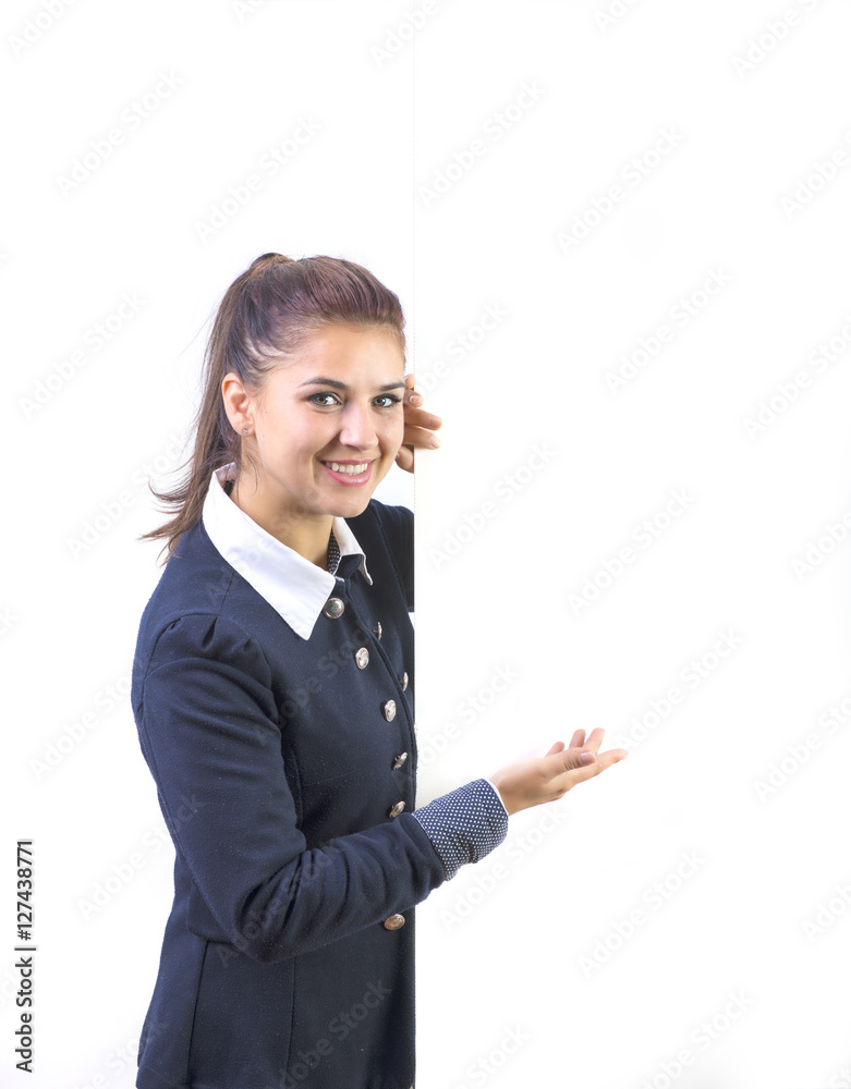 advertising banner sign - woman excited pointing on empty blank billboard paper sign board. Young business woman isolated on white background. advertising banner sign - woman excited pointing on empty blank billboard paper sign board. Young business woman isolated on white background.