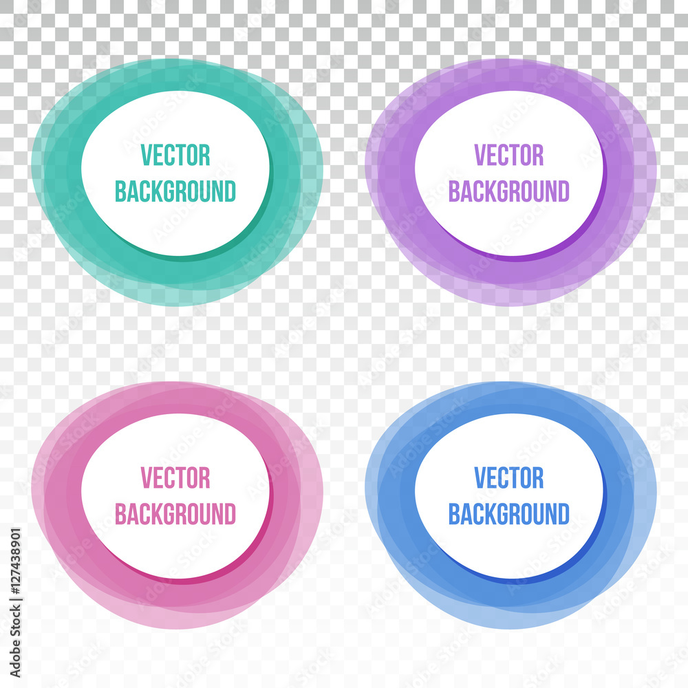 Set, collection of four colorful banners, buttons, frames, round design elements on transparent background.