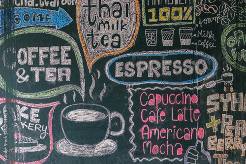 Sign menu coffee and tea drawn with colored chalks on a black blackboard
