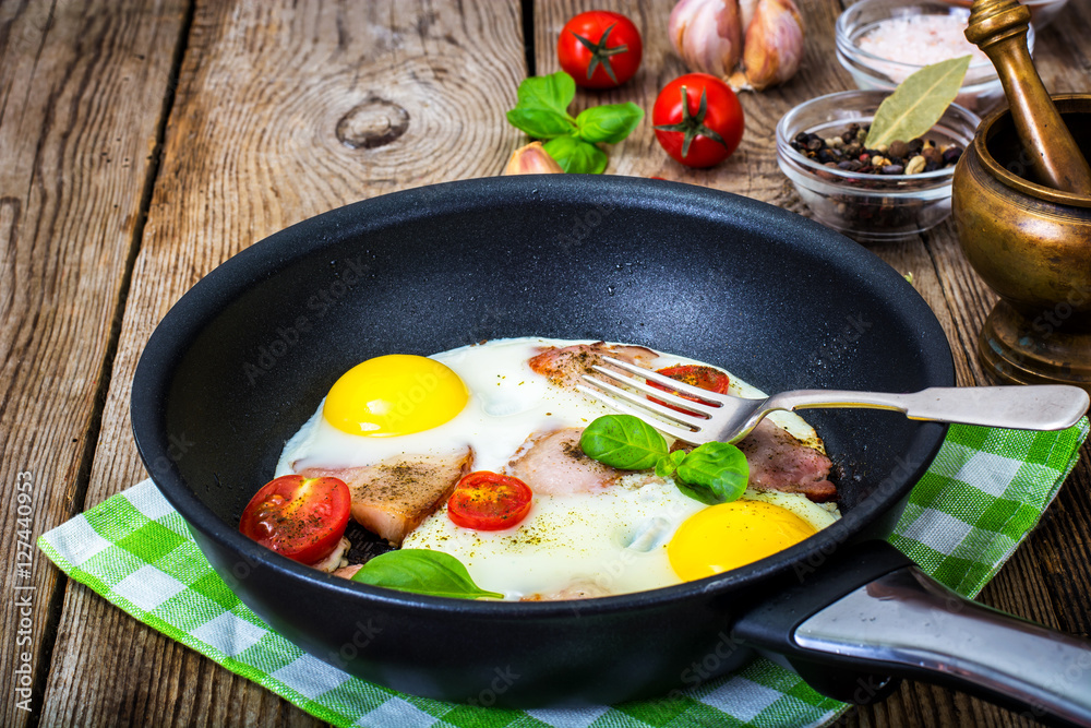 Fried eggs with bacon and tomatoes in a pan