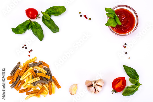 Basil, Red Cherry Tomato with Pasta on White Background