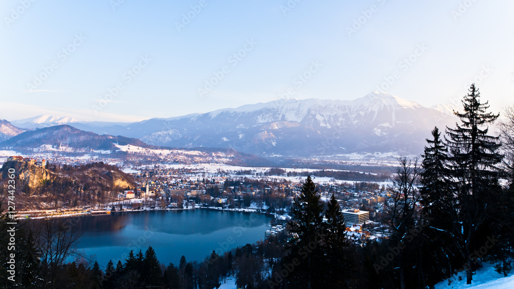 Lake Bled surrounded with nearby southern alps mountains in slovenian alps, Slovenia