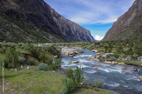 Mountain valley and river. Huascaran National Park, Cordillera Blanca - Santa Cruz Circuit Trekking. Peru