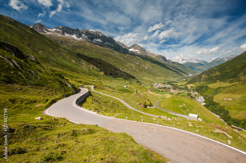 View of road from Furka pass, Realp city below