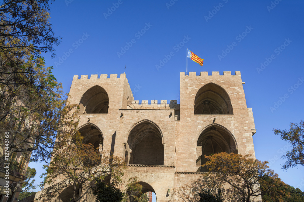 Back facade of Serranos Gate or Serranos Towers, part of the ancient city wall of Valencia, Spain