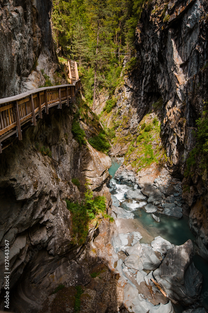 Vertical shot of path in Gorner Gorge with river