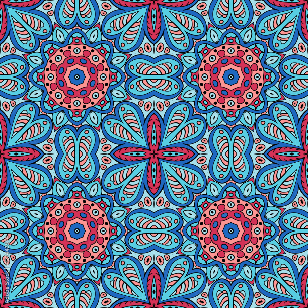 Seamless ornament. Colorful background. Ethnic motives. Zentagl. Red and blue colors
