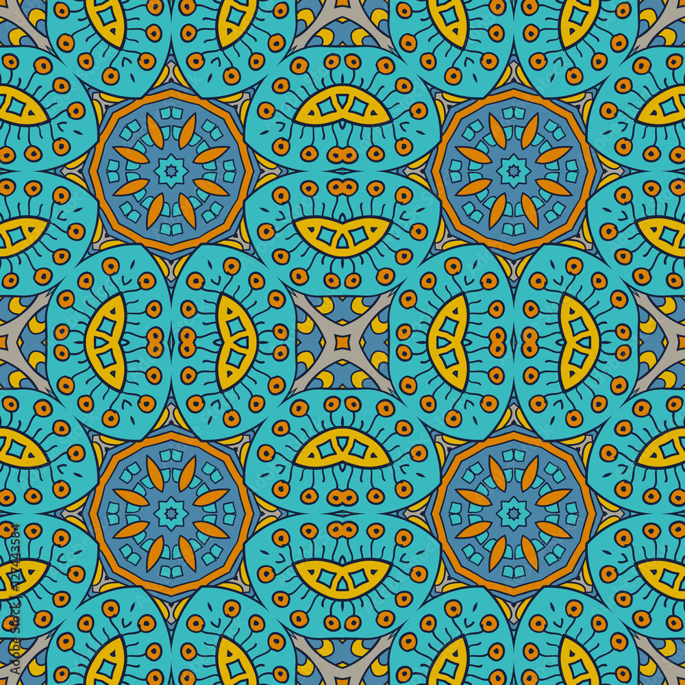 Seamless ornament. Colorful background. Ethnic motives. Zentagl. Mustard and blue tones