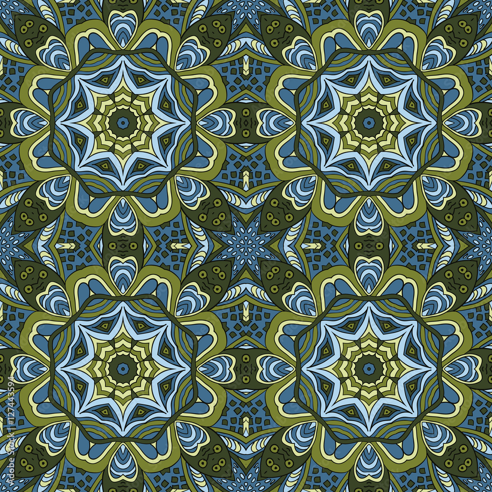 Seamless ornament. Colorful background. Ethnic motives. Zentagl. Green and blue tones
