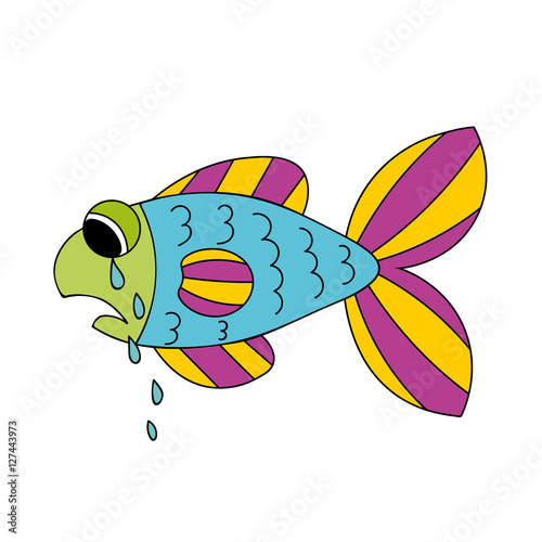 Crying cartoon fish. Dropping the tears from fish's eyes. Sad hand drawn blue and violet, yellow, green fish isolated on white background. Vector illustration.
