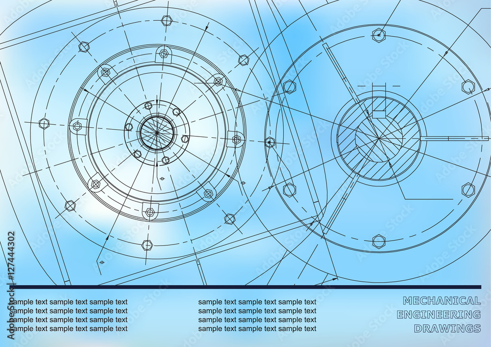 Vector Mechanical engineering drawings on a blue background. Background for inscription labels