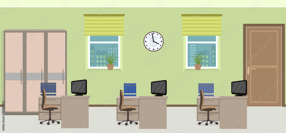 Office room interior including three work spaces with furniture. Office room interior including three work spaces with furniture.