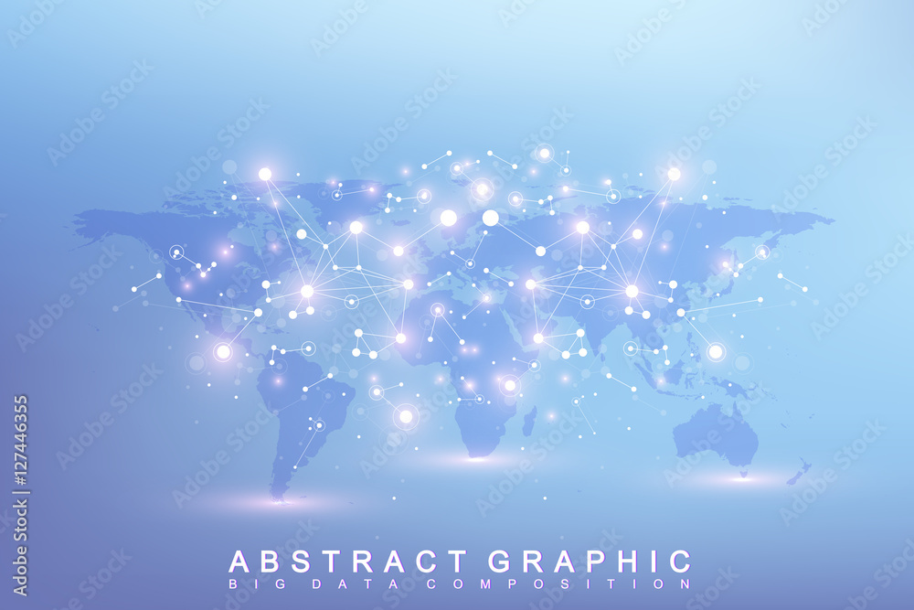 Graphic abstract background communication. Big data complex with compounds. Perspective backdrop with World Map. Minimal array Big data. Digital data visualization. Scientific vector illustration. Graphic abstract background communication. Big data complex with compounds. Perspective backdrop with World Map. Minimal array Big data. Digital data visualization. Scientific vector illustration.