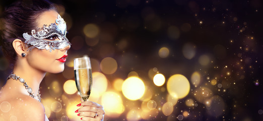 Masquerade Party - Sensual Woman With Mask And Champagne
