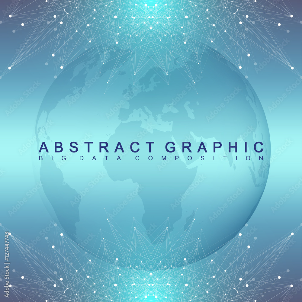 Graphic abstract background communication. Geometric scientific pattern with compounds. Minimal array lines and dots. Digital data visualization. Scientific vector illustration for your design