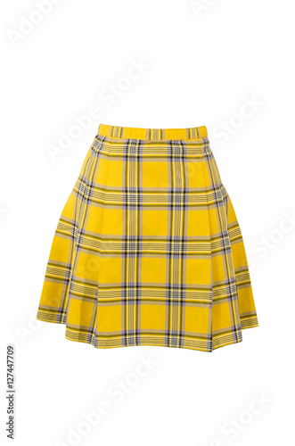 Plaid skirt isolated on white background. Yellow tartan wool short skirt cut out on white.