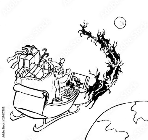 Santa in sleigh watching football B&W line