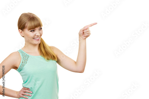 Woman pointing or touching with index finger