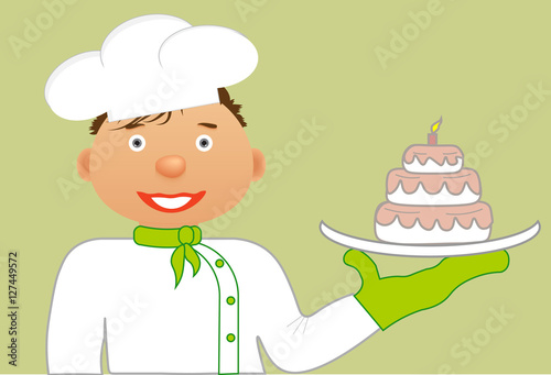 Cute cartoon chef in white hat, white shirt, a green handkerchief around his neck and a kitchen mitten. In his hands he's got cake on white dish. Vector illustration. 