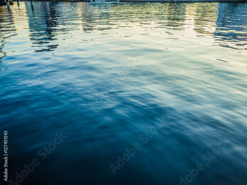 Abstract reflections of buildings in blue rippled water