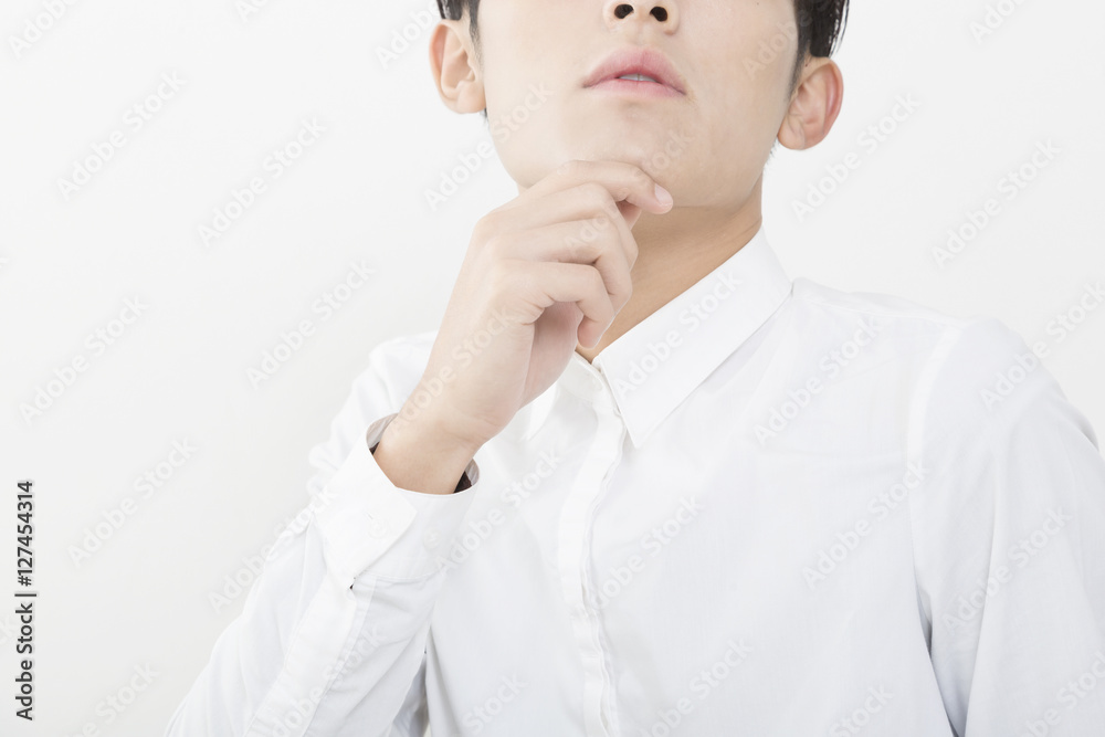 男性 ポートレート イメージ 白バック 考える 顎に手 顔ナシ ボディパーツ Stock 写真 Adobe Stock