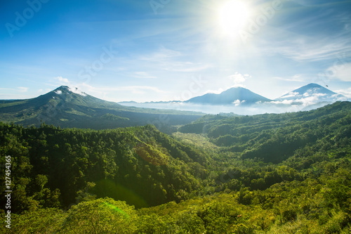 Panoramic view of Batur volcano and Agung mountain  Bali  Indonesia.