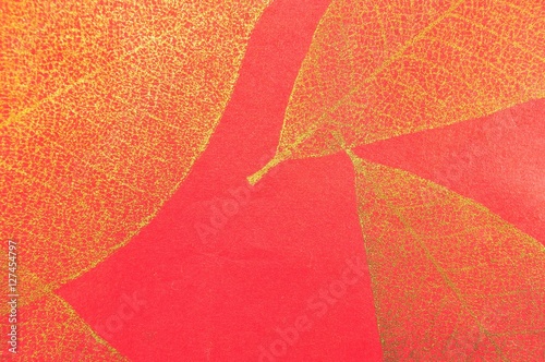 leaf texture on red paper background 