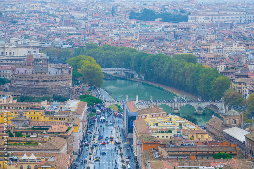 Aerial view over River Tiber and the bridges of Rome from St Peters Basilica at Vatican city