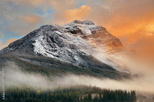 Foggy mountain sunset