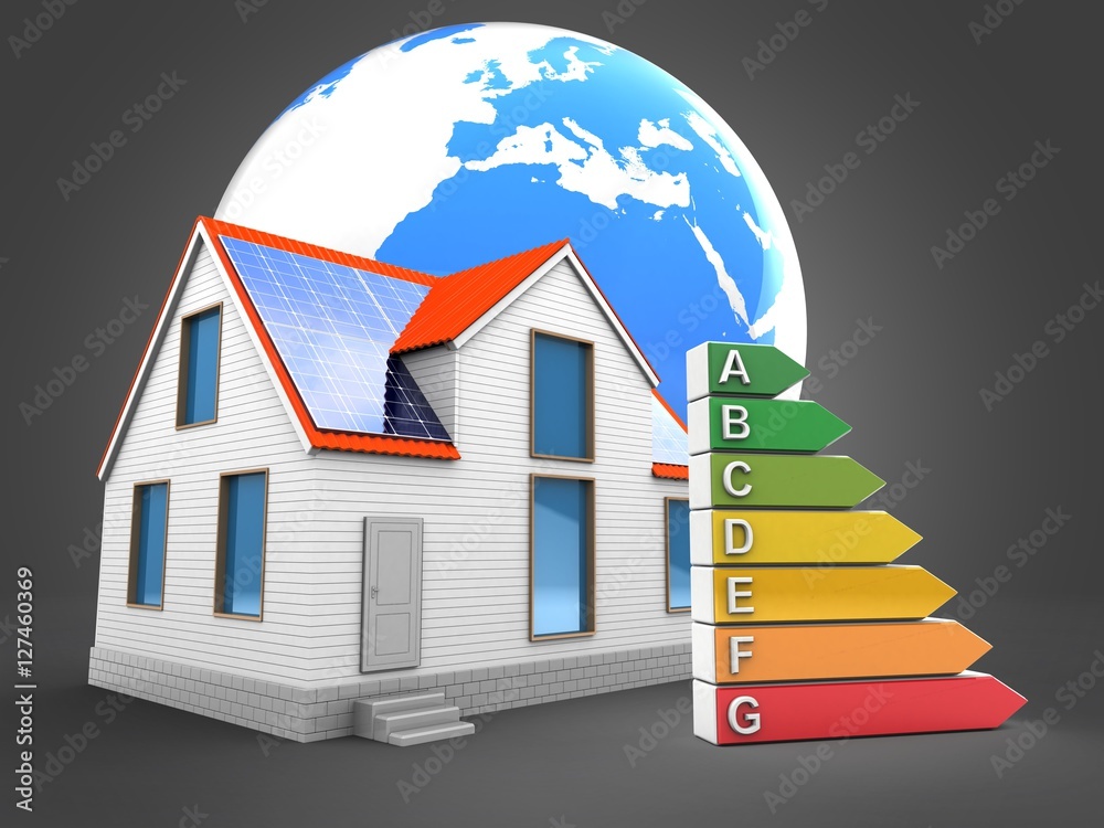 3d illustration of modern house over gray background with earth and efficient ranks 3d illustration of modern house over gray background with earth and efficient ranks
