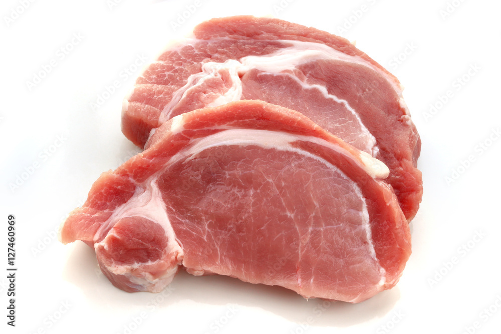 Raw meat, pork, slices pork on a white background