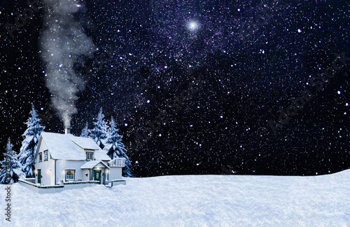 Christmas card. Night  the house  the starry sky  snow background. Copy space. 