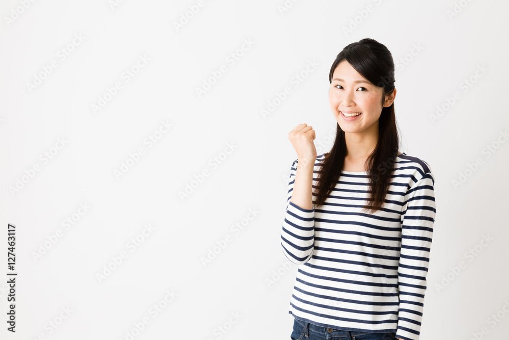 portrait of young asian woman cheering isolated on white background portrait of young asian woman cheering isolated on white background
