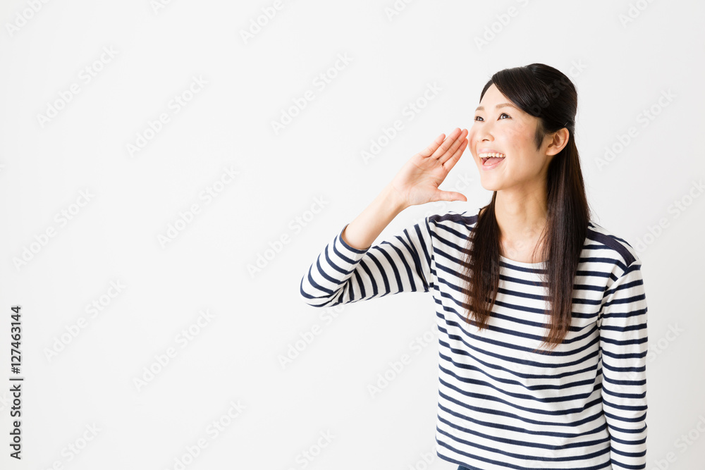 portrait of young asian woman calling isolated on white background portrait of young asian woman calling isolated on white background