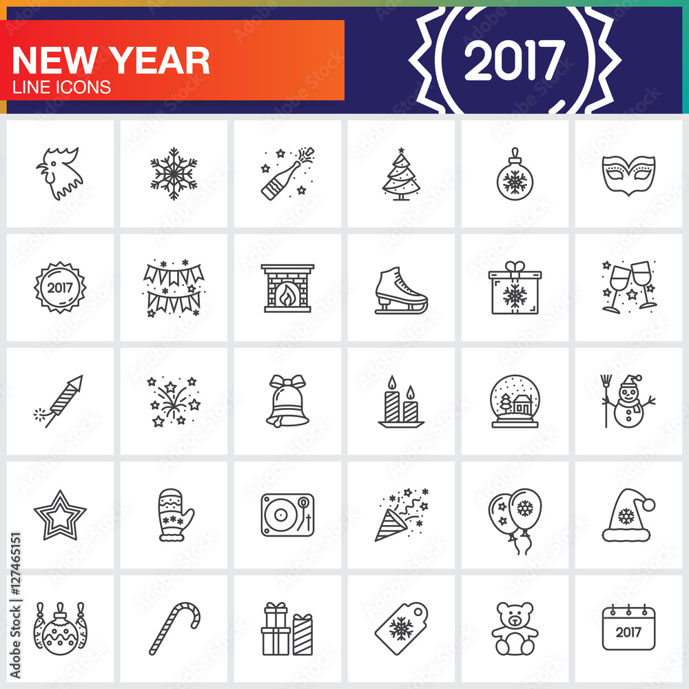 Happy New Year line icons set, outline vector symbol collection, linear pictogram pack isolated on white, logo illustration