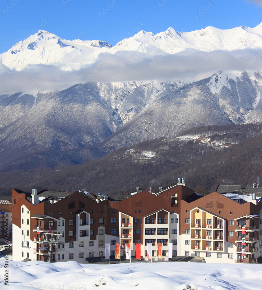 hotel village at the ski resort, snowy Caucasian Mountains