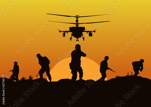 Illustration, the soldiers going to attack and helicopters.