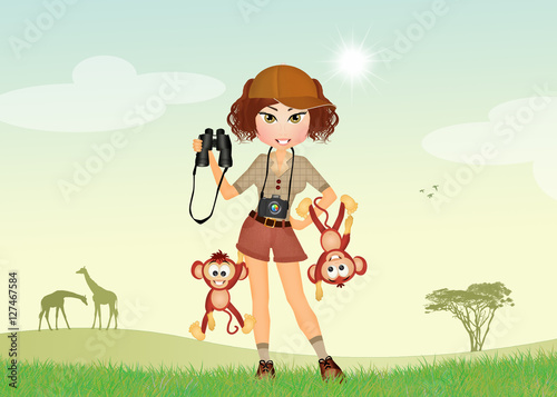 Photography girl at the zoo with mischievous monkeys