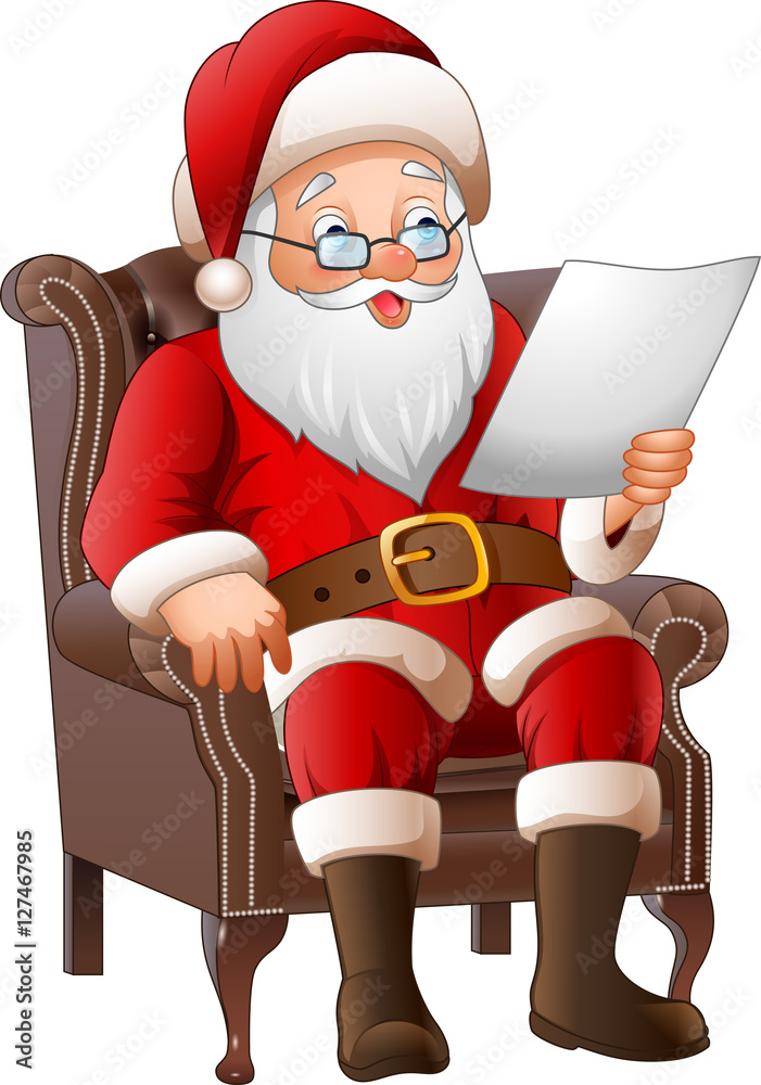 Cartoon Santa Claus sitting at his armchair and reading a letter Stock