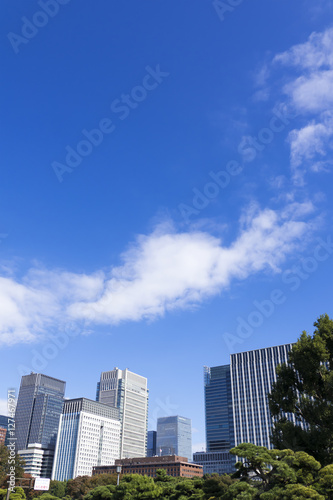 東京都市風景 丸の内 大手町 高層ビル群 緑 青空 コピースペース