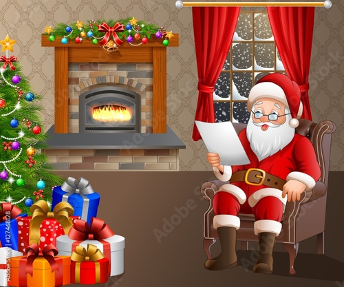
Santa Claus reading a list of gifts in the living room 