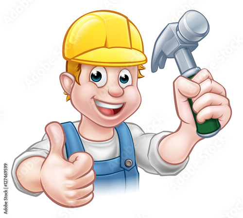 Handyman Carpenter Cartoon Character Holding Hammer