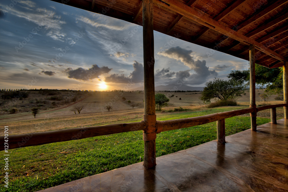Amazing view from a wooden porch of a luxury lodge in Tanzania