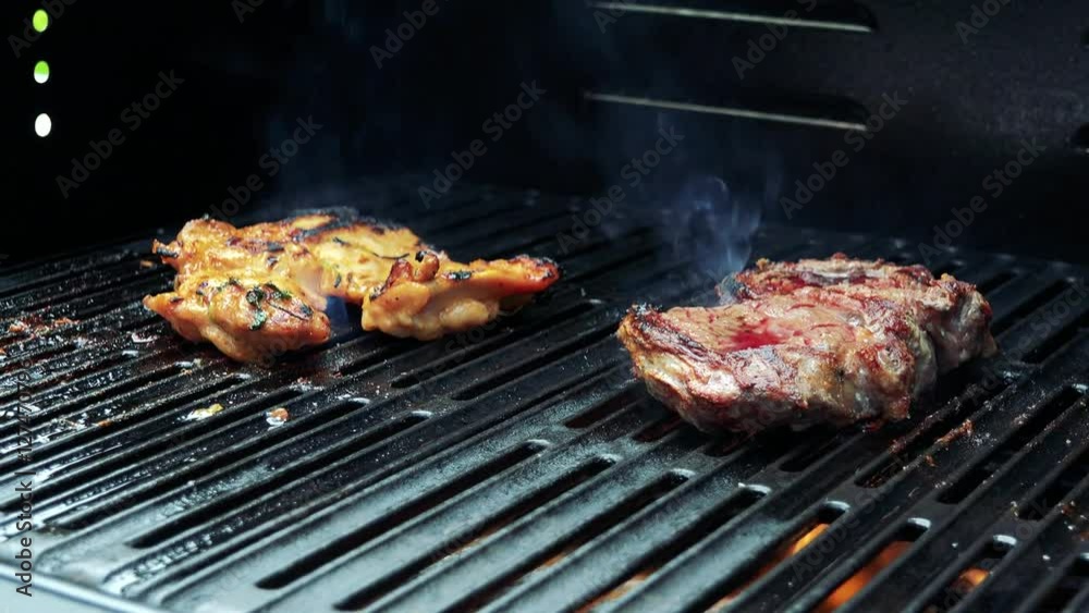 man prepares meat (chicken and beef) on the grill - closeup man prepares meat (chicken and beef) on the grill - closeup