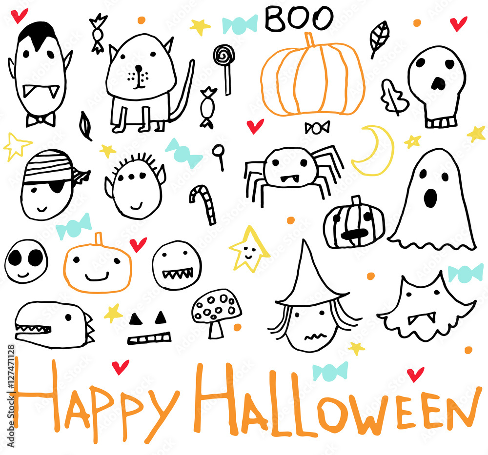 Halloween party card, flayer, banner, poster templates. Hand drawn traditional symbols, cute design elements, handwritten ink lettering. Made in the technique of hand drawing. Children's style.