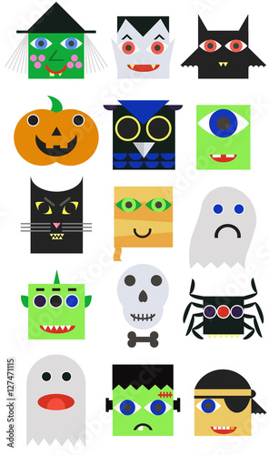 A set of 15 modern cartoon style cute characters for Halloween: vampire, witch, monster, zombie, mummy, bat, cat, pirat, devil, frankenstein, ghost, mask, owl, pumpkin, skull, spider.