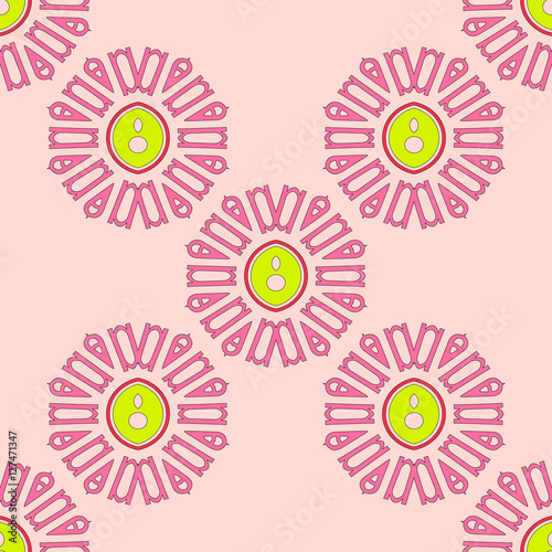 Seamless texture. Abstract symmetrical image. The yellow and pink.